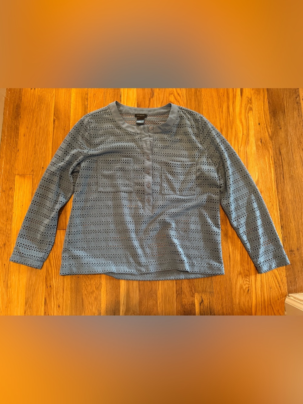 Ann Taylor Slate Blue Eyelet Henley Blouse